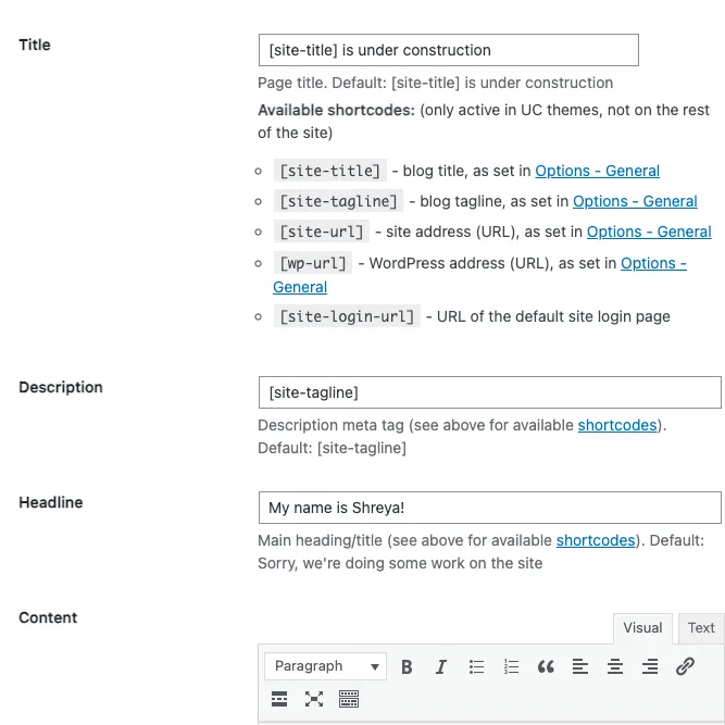 Under construction Content Tab - Best WordPress Maintenance Mode Plugins