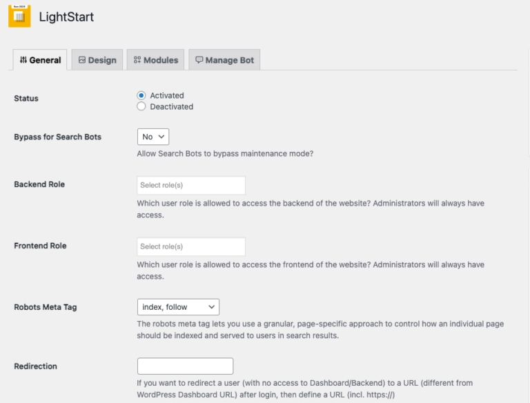 LightStart General settings - Best WordPress Maintenance Mode Plugins